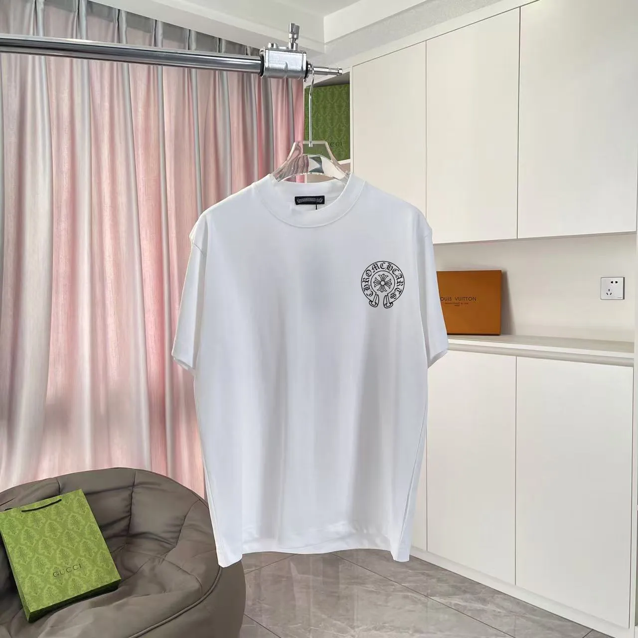 🅿️170 ch Cro* 2025 summer new style Sanskrit cross horseshoe print short-sleeved T-shirt customized fabric 300g same style for men and women Size: S M L XL XXL five sizes Color: black white pink iron gray